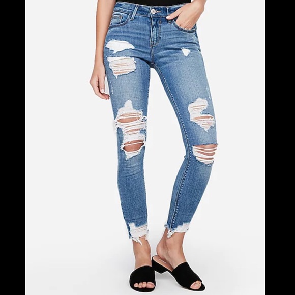 Express Mid Rise Medium Wash Ripped Ankle Jeans